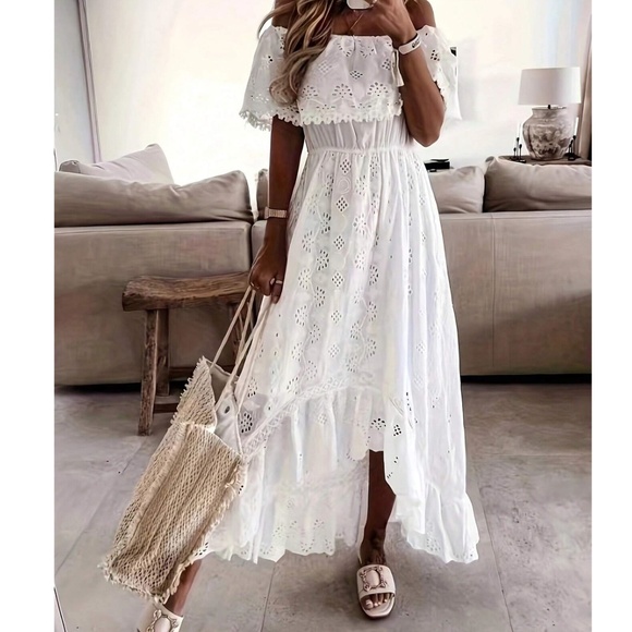 Boho White Embroidered Off Shoulder High Low Dress - Picture 1 of 3